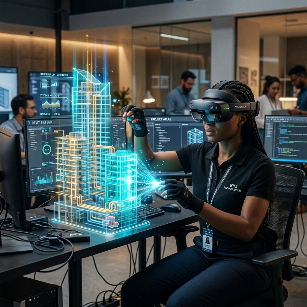 Ingénieure CPA effectuant une simulation 3D BIM avec lunettes VR